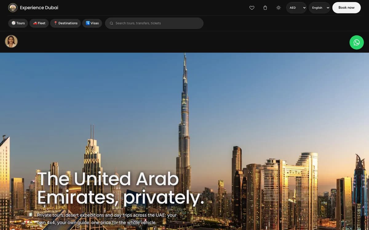 The Experience Dubai home page: the Dubai skyline at dusk under the line “The United Arab Emirates, privately”