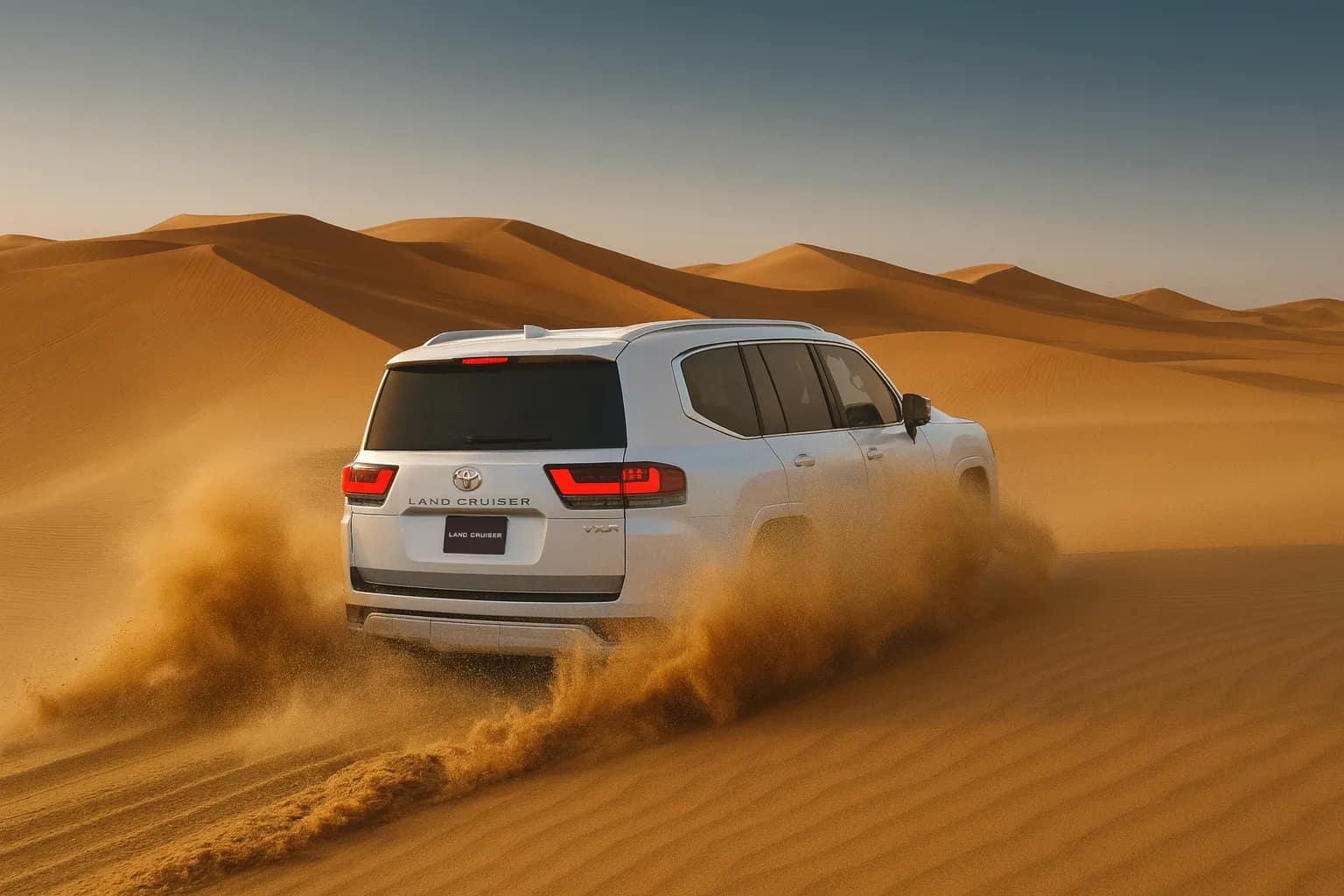 Una Land Cruiser bianca che risale una duna rossa, con la sabbia che schizza dietro